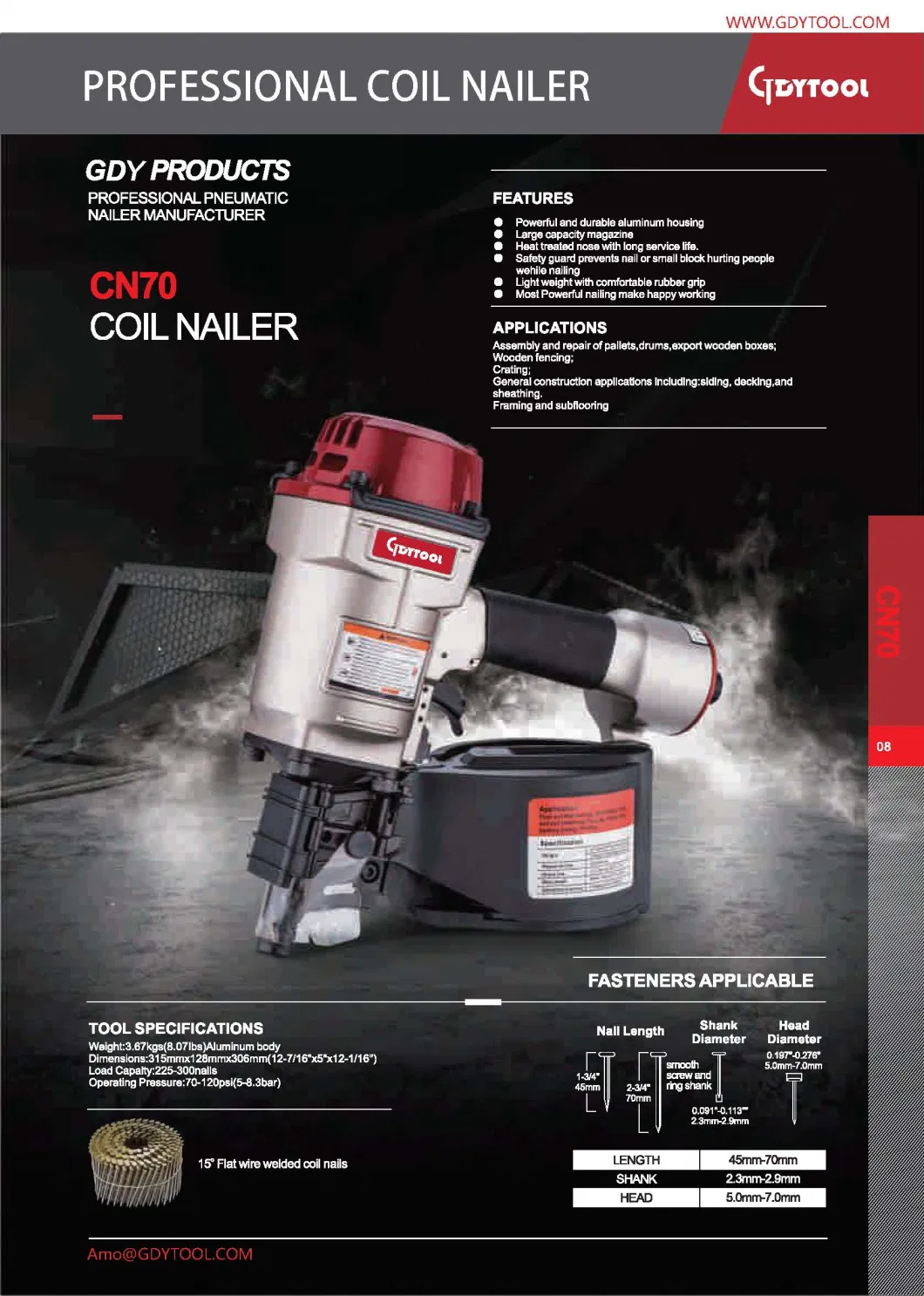 High Quality China Factory OEM Roofing and Pallet Framing Industrial Coil Nailer Gdy-Cn70